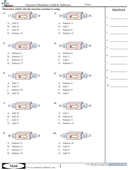 Patterns & Function Machine Worksheets - Adding & Subtracting below 50 (Multiple Choice)  worksheet